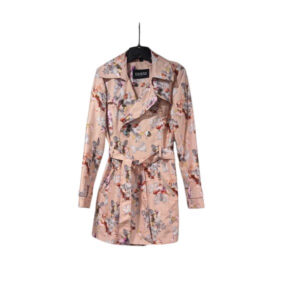 GUESS Pink Floral Double-Breasted Water-Resistant Trench Coat Sz S - Picture 1 of 9